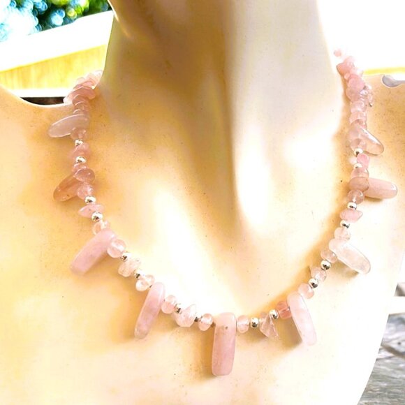 Rose Quartz & Sterling Silver Statement Necklace & Rose Quartz earrings Set - Picture 5 of 6